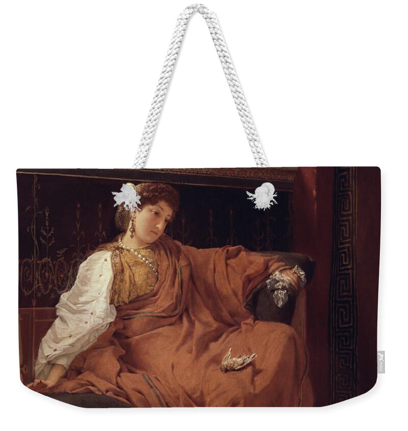 Ra15069 Weekender Tote Bag featuring the painting Lesbia Weeping over a Sparrow by Lawrence Alma-Tadema