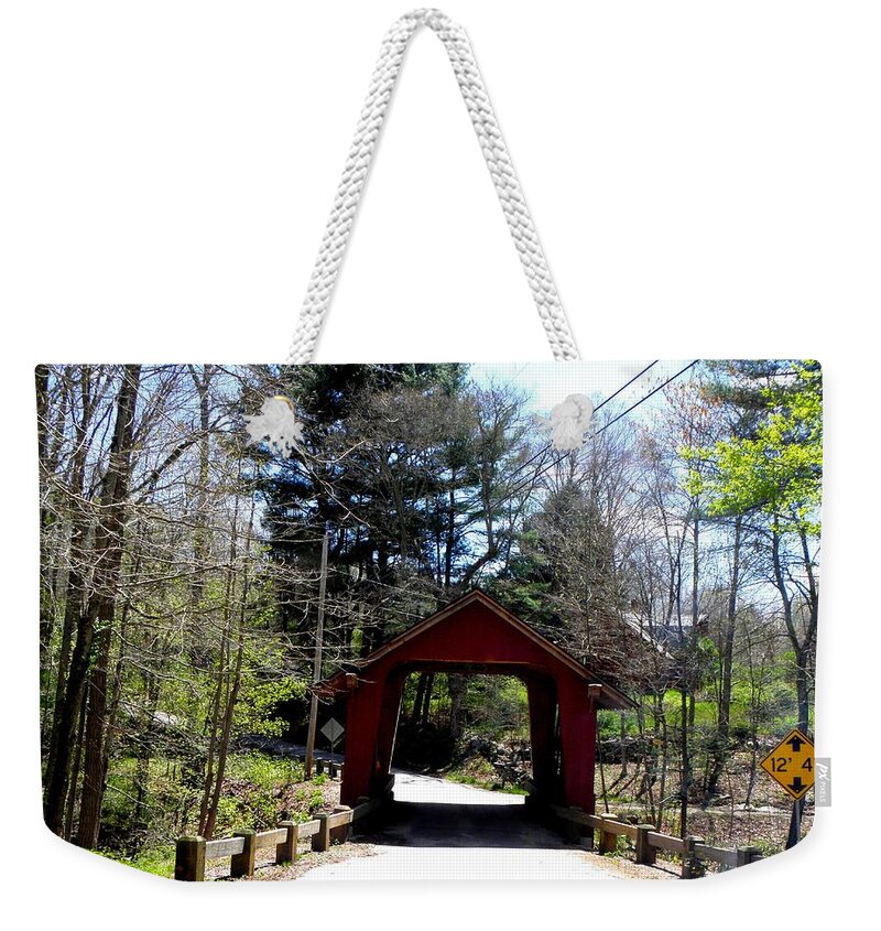 Red Covered Bridge Weekender Tote Bag featuring the photograph Levis Mill Blackwell Brook and Bridge by Kim Galluzzo Wozniak