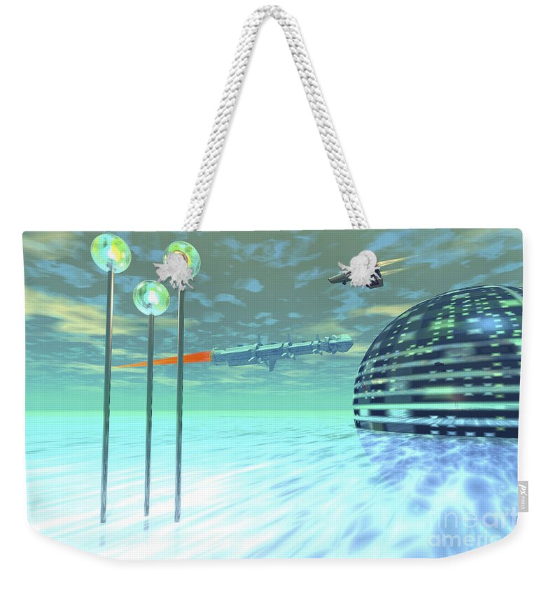 Space Art Weekender Tote Bag featuring the digital art Life Under Domes On An Alien Waterworld by Corey Ford