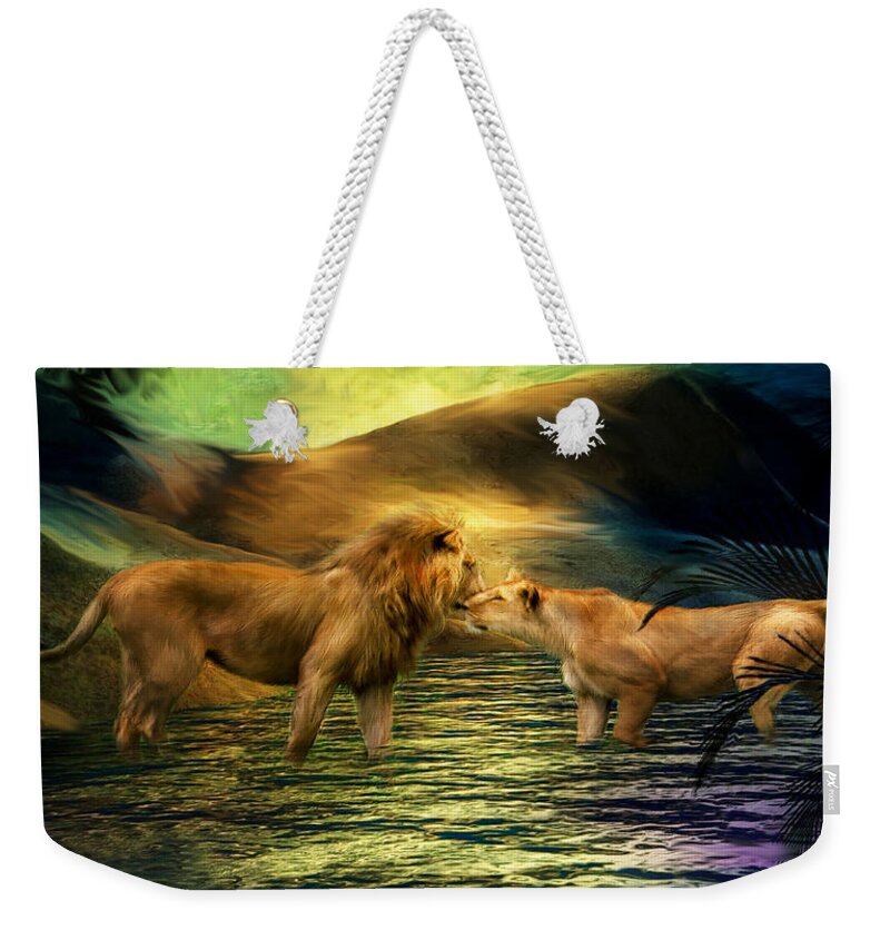 Lion Weekender Tote Bag featuring the mixed media Lion Lovers by Carol Cavalaris