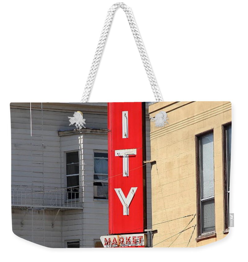 Wingsdomainm Weekender Tote Bag featuring the photograph Little City Meat Market in North Beach San Francisco by Wingsdomain Art and Photography