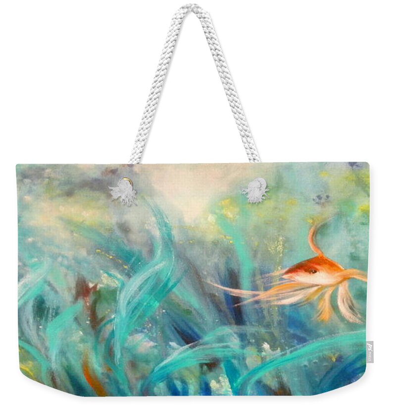 Fish Weekender Tote Bag featuring the painting Looking - Panoramic Painting by Gina De Gorna
