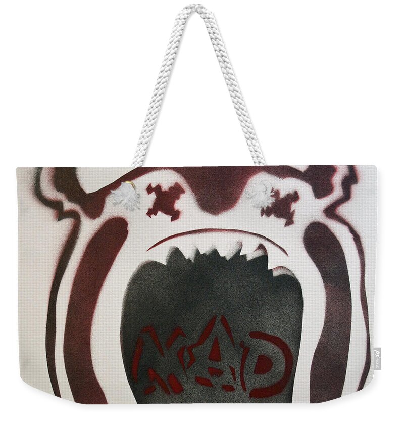 Tillie Of Asbury Park Weekender Tote Bag featuring the painting Mad O Rama Dark Red by Patricia Arroyo