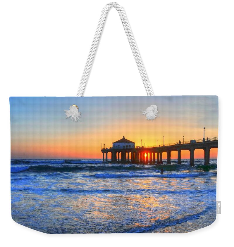 Manhattan Beach Pier Weekender Tote Bag featuring the photograph Manhattan Pier Sunset by Richard Omura