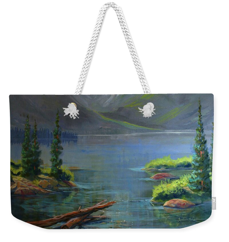 Misty Lake Weekender Tote Bag featuring the painting Misty Lake by Heather Coen