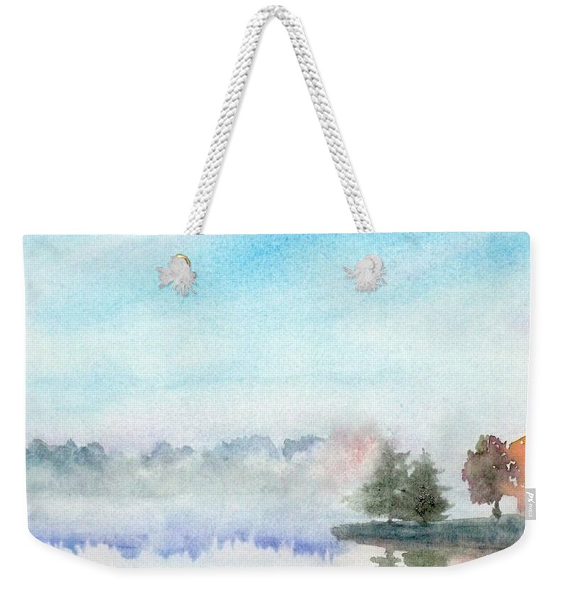 Lakeview Weekender Tote Bag featuring the painting Misty Lake by Yoshiko Mishina