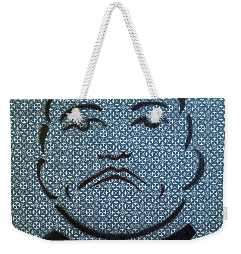 Tillie Of Asbury Park Weekender Tote Bag featuring the painting Mob Tillie Black on Blue Wheels by Patricia Arroyo