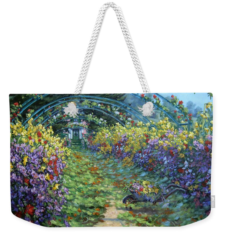 Claude Monets Garden In Fall Weekender Tote Bag featuring the painting Monet's Autumn by L Diane Johnson