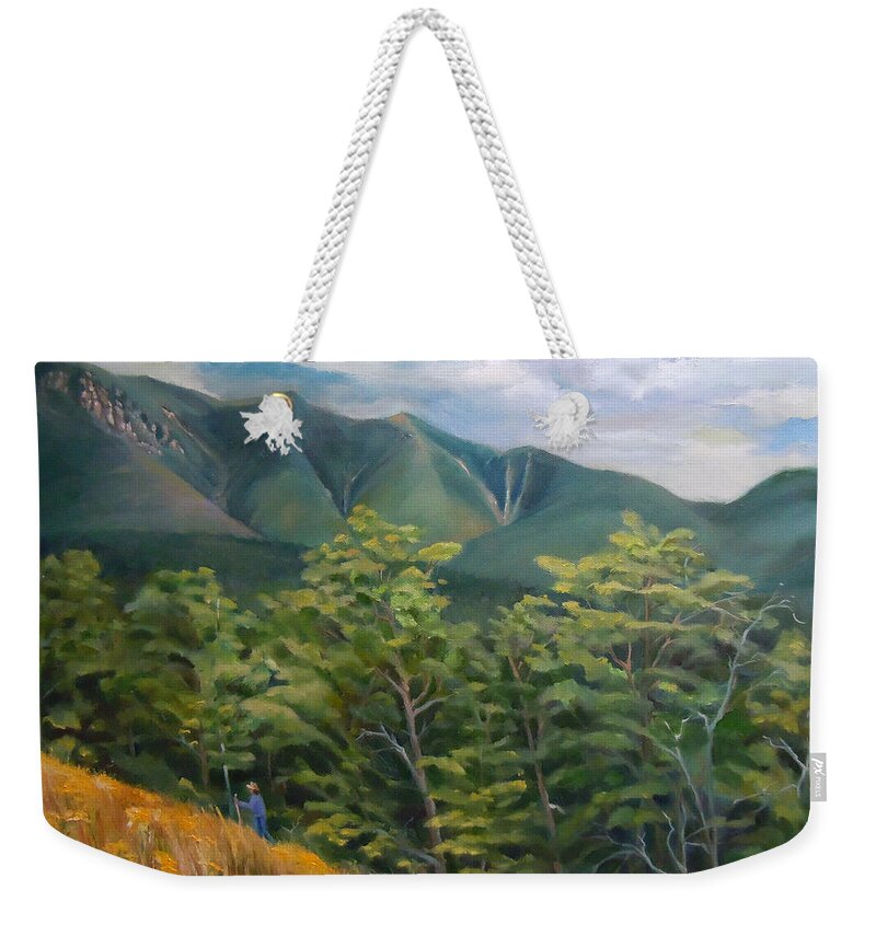 Mount Osceola Weekender Tote Bag featuring the painting Mount Osceola from Kancamagus Highway New Hampshire by Nancy Griswold