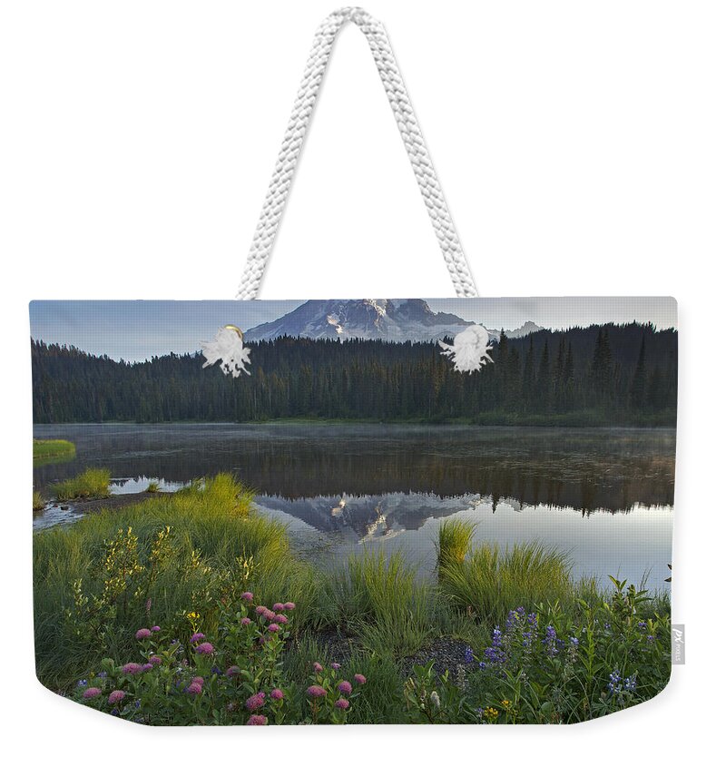 00437822 Weekender Tote Bag featuring the photograph Mount Rainier And Reflection Lake Mount by Tim Fitzharris