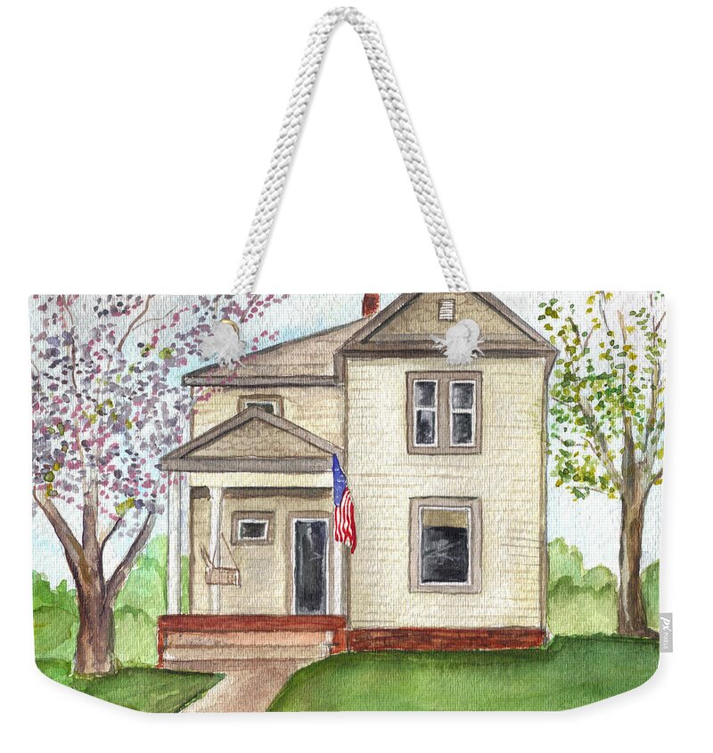 Flag Weekender Tote Bag featuring the painting Ohio cottage with Flag by Clara Sue Beym
