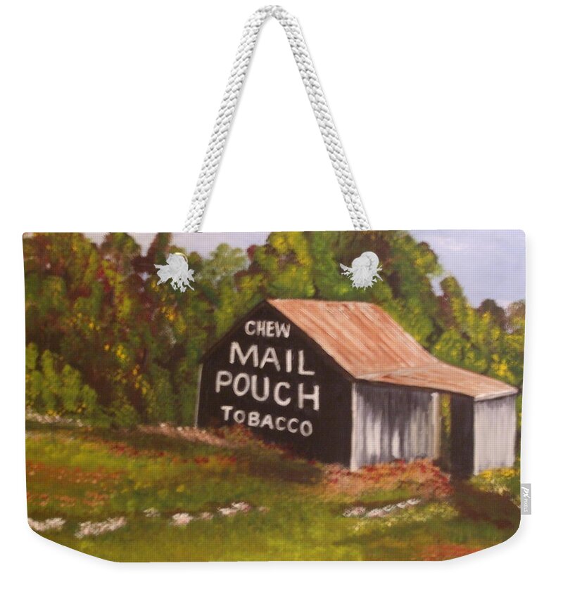 Landscape Weekender Tote Bag featuring the painting Ohio Mail Pouch Barn by Evelyn Froisland
