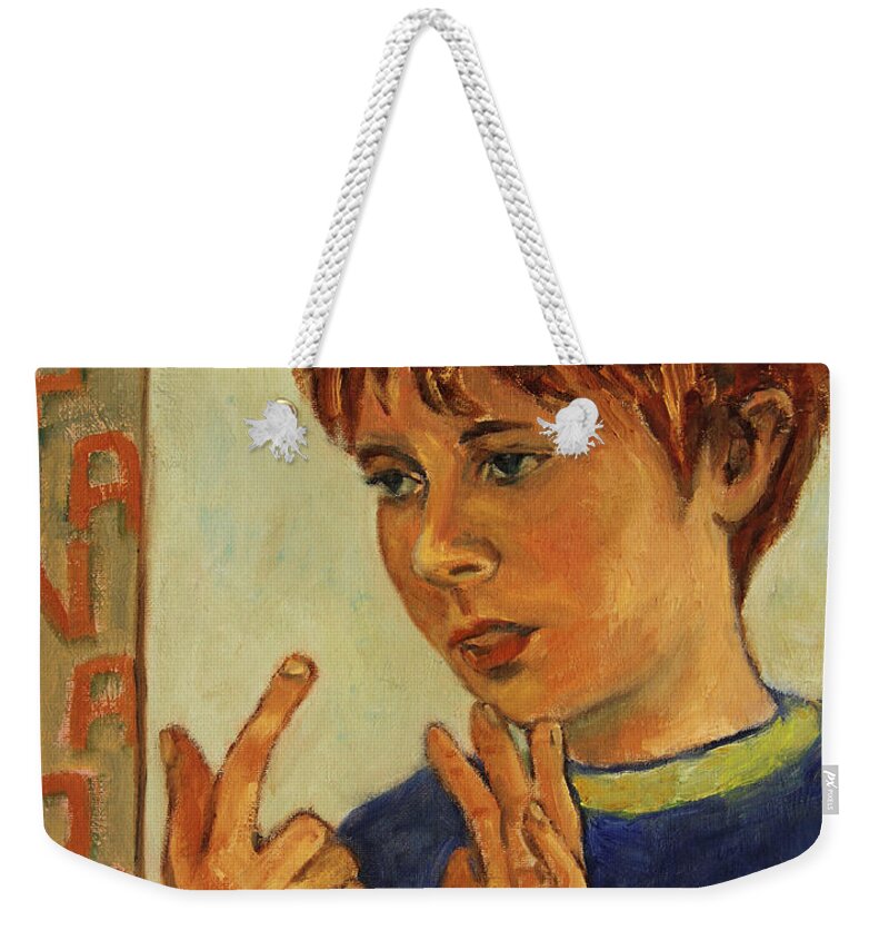 Boy Weekender Tote Bag featuring the painting Oilver Twist by Xueling Zou