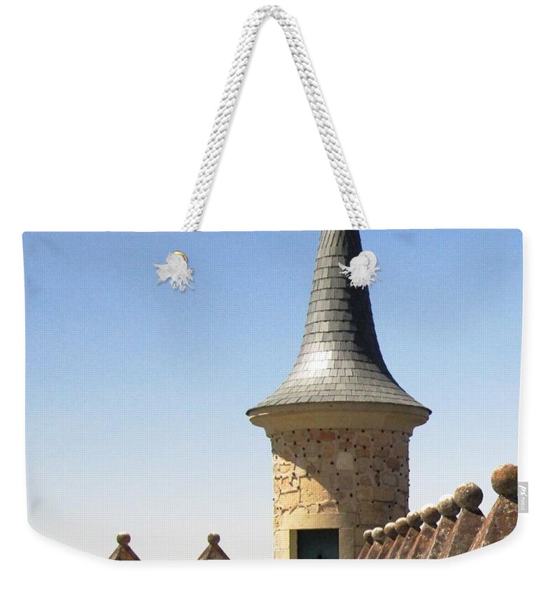 Segovia Weekender Tote Bag featuring the photograph On the Roof of Segovia Castle with Cone Shaped Railing in Spain by John Shiron