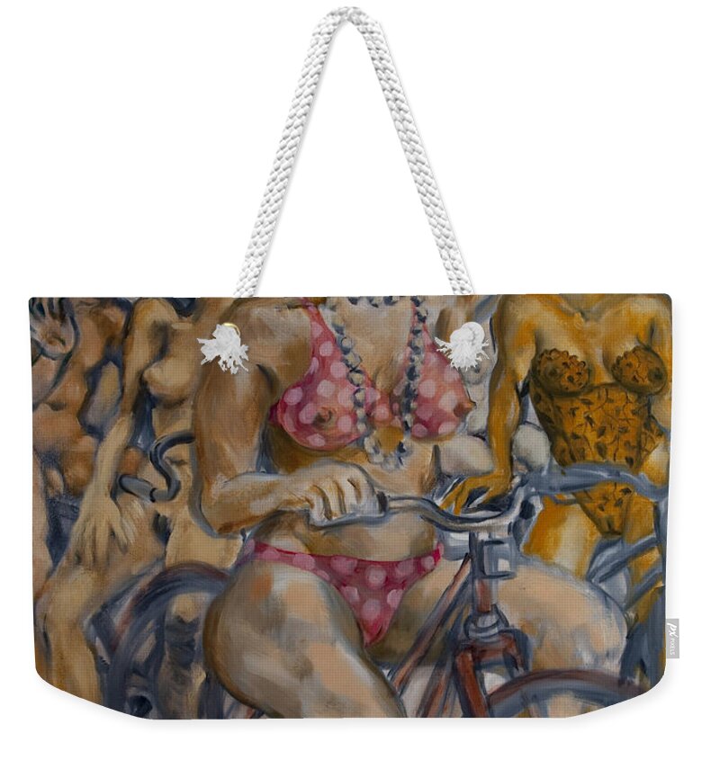 Nudes Weekender Tote Bag featuring the painting Painted ladies on the naked bike ride take a break in view of the London Eye by Peregrine Roskilly