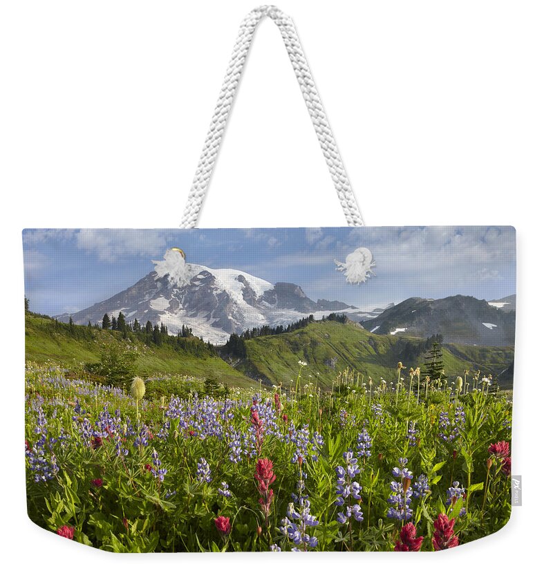 00437809 Weekender Tote Bag featuring the photograph Paradise Meadow And Mount Rainier Mount by Tim Fitzharris