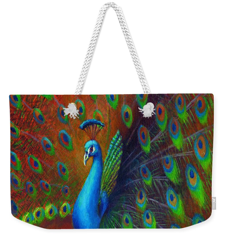 Feather Weekender Tote Bag featuring the painting Peacock Spread by Nancy Tilles
