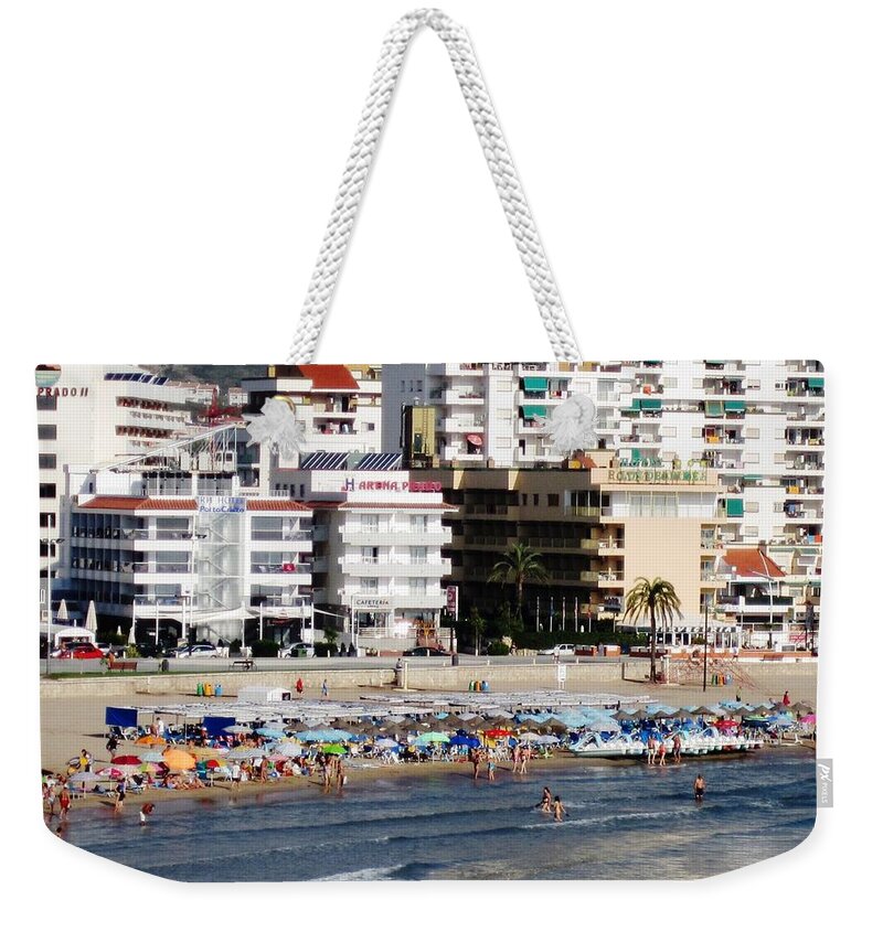 Peniscola Weekender Tote Bag featuring the photograph Peniscola Beach By Mediterranean Sea in Spain by John Shiron