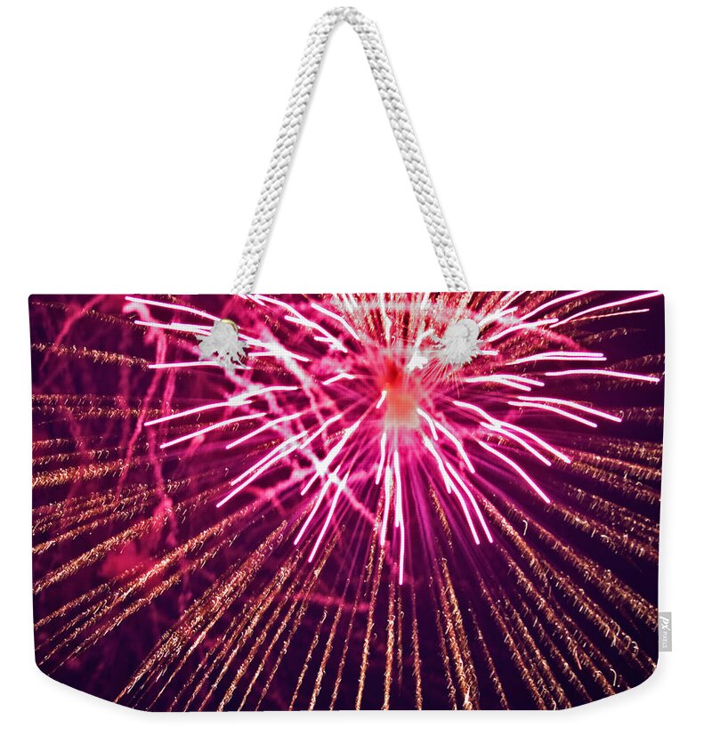 Fireworks Weekender Tote Bag featuring the photograph Pink Burst by Paul Mangold
