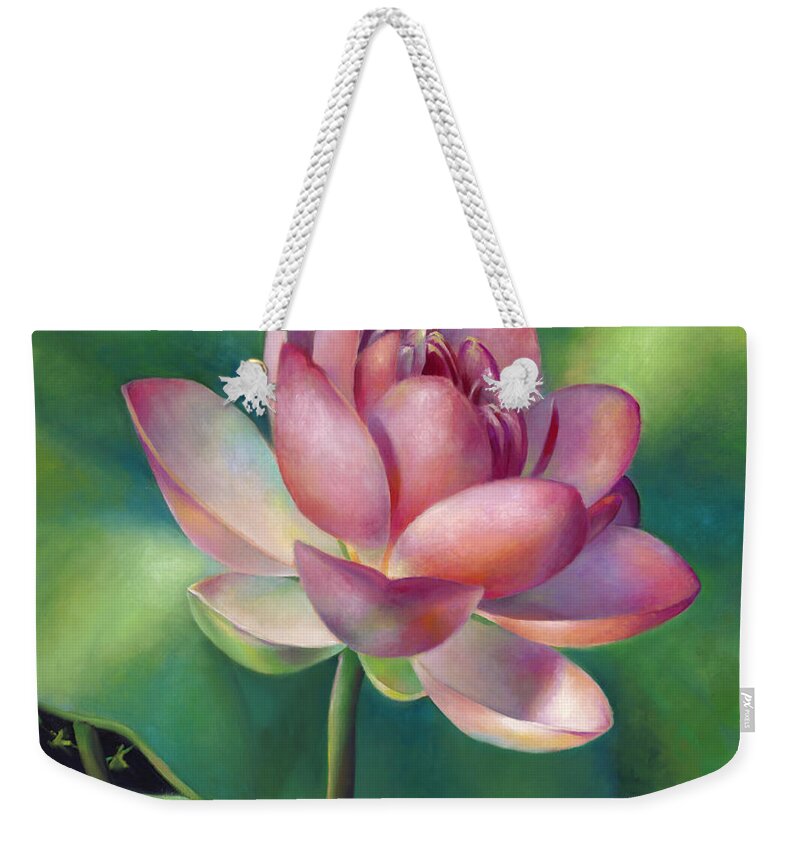 Water Lilies Weekender Tote Bag featuring the painting Pink Lotus Water Lily by Nancy Tilles