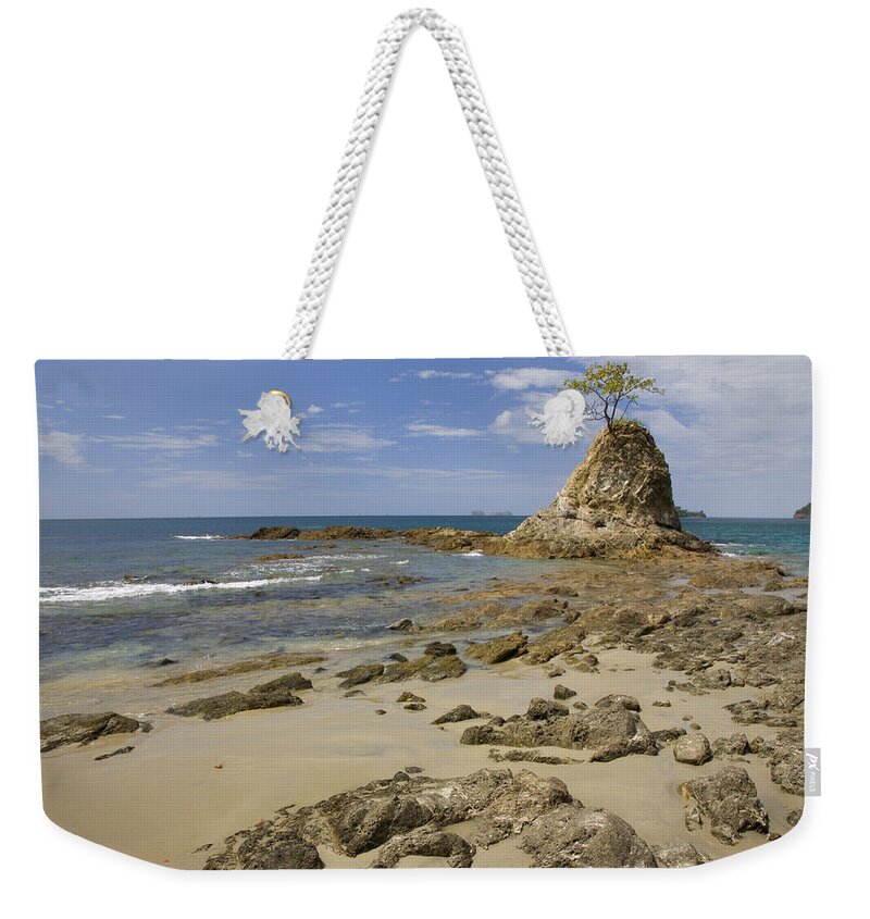 00429552 Weekender Tote Bag featuring the photograph Point With Tree On Penca Beach Costa by Tim Fitzharris