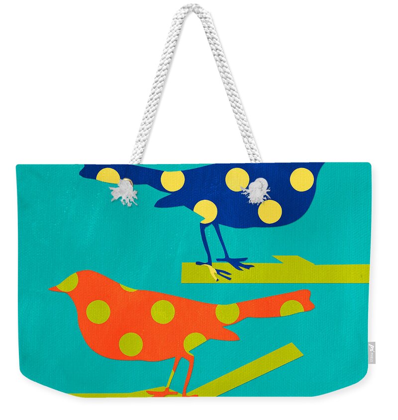 Bird Weekender Tote Bag featuring the mixed media Polka Dot Birds by Linda Woods
