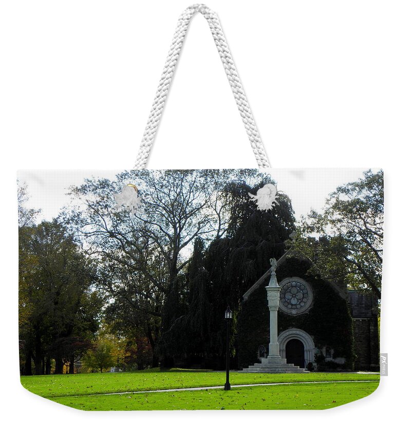 Pomfret Weekender Tote Bag featuring the photograph Pomfret Prep Church in the fall by Kim Galluzzo