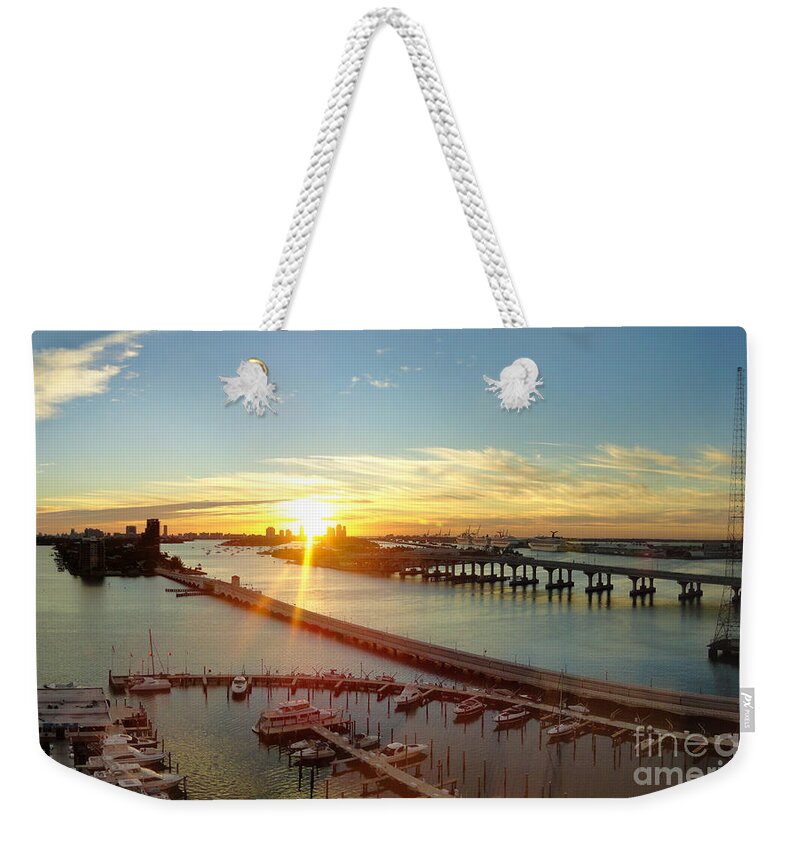  Weekender Tote Bag featuring the photograph Port of Miami at sundown by Dejan Jovanovic