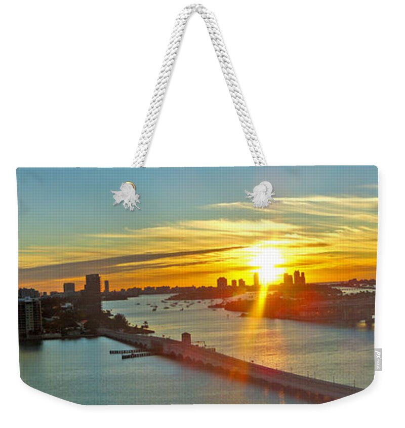 Miami Panorama Weekender Tote Bag featuring the photograph Port of Miami Panorma at sundown by Dejan Jovanovic