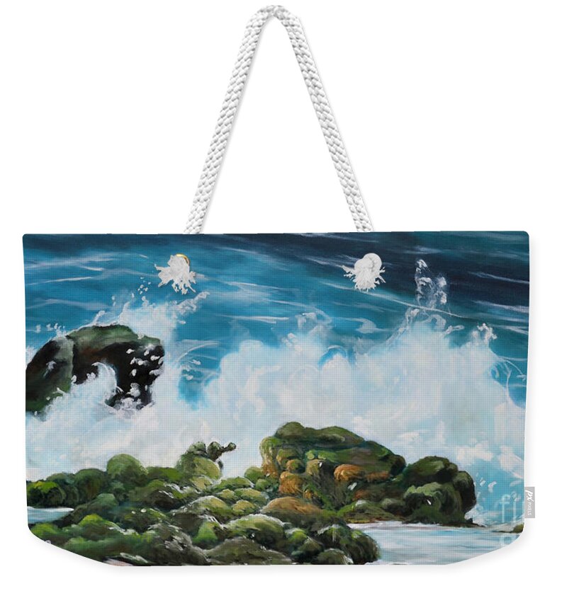Surf Weekender Tote Bag featuring the painting Pounding Surf by Larry Geyrozaga