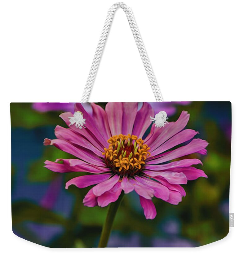 Zinnia Weekender Tote Bag featuring the photograph Pretty Pink Petals by Bill and Linda Tiepelman