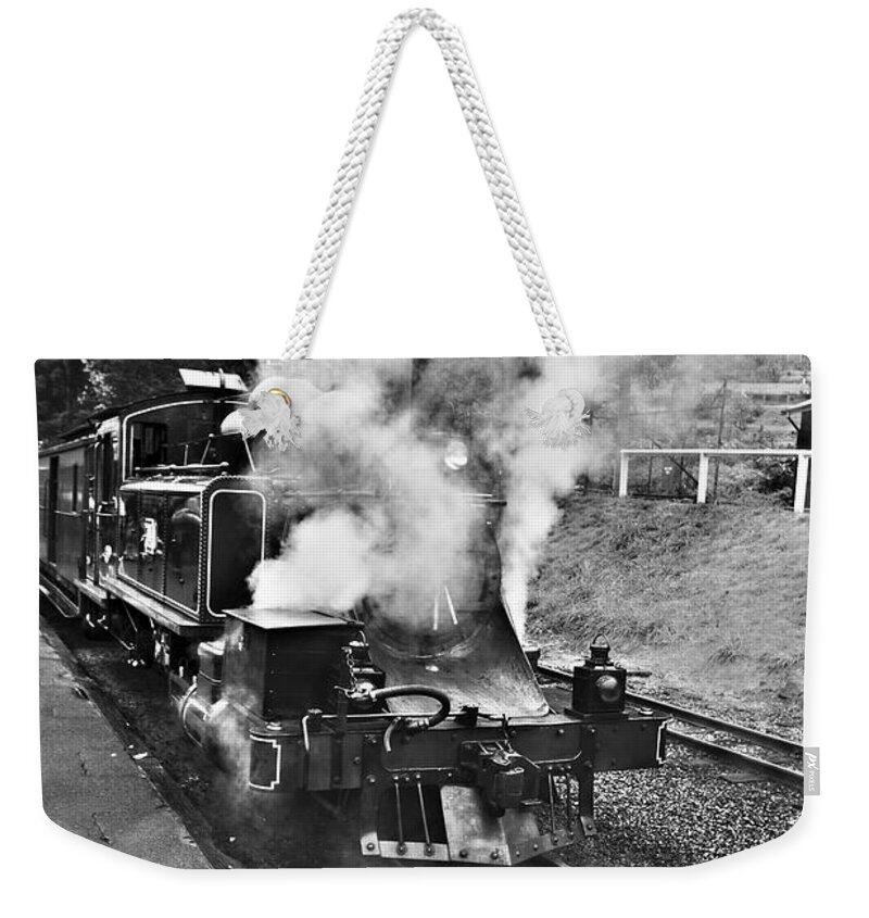 Puffing Billy Weekender Tote Bag featuring the photograph Puffing Billy Black and White by Douglas Barnard