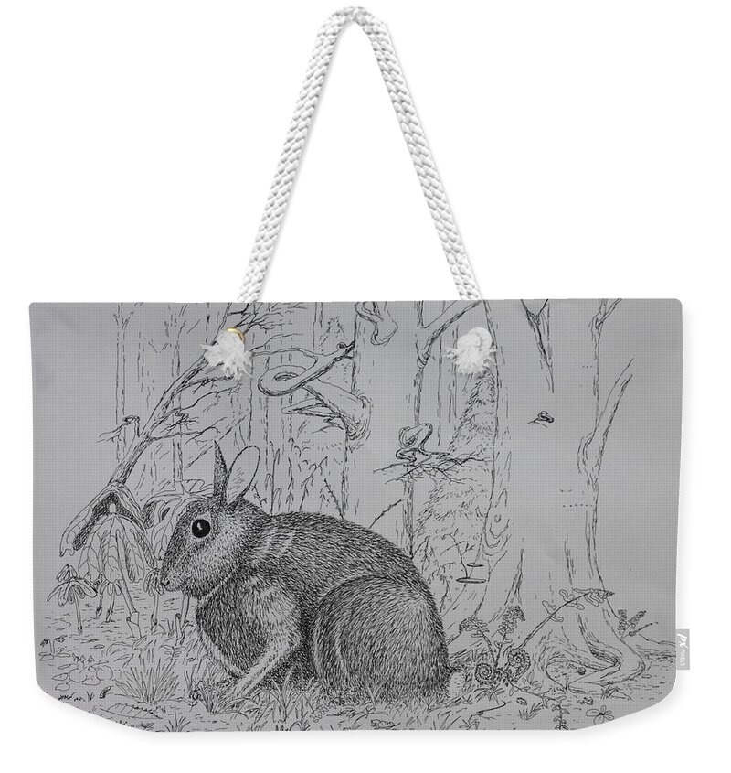 Nature Weekender Tote Bag featuring the drawing Rabbit In Woodland by Daniel Reed