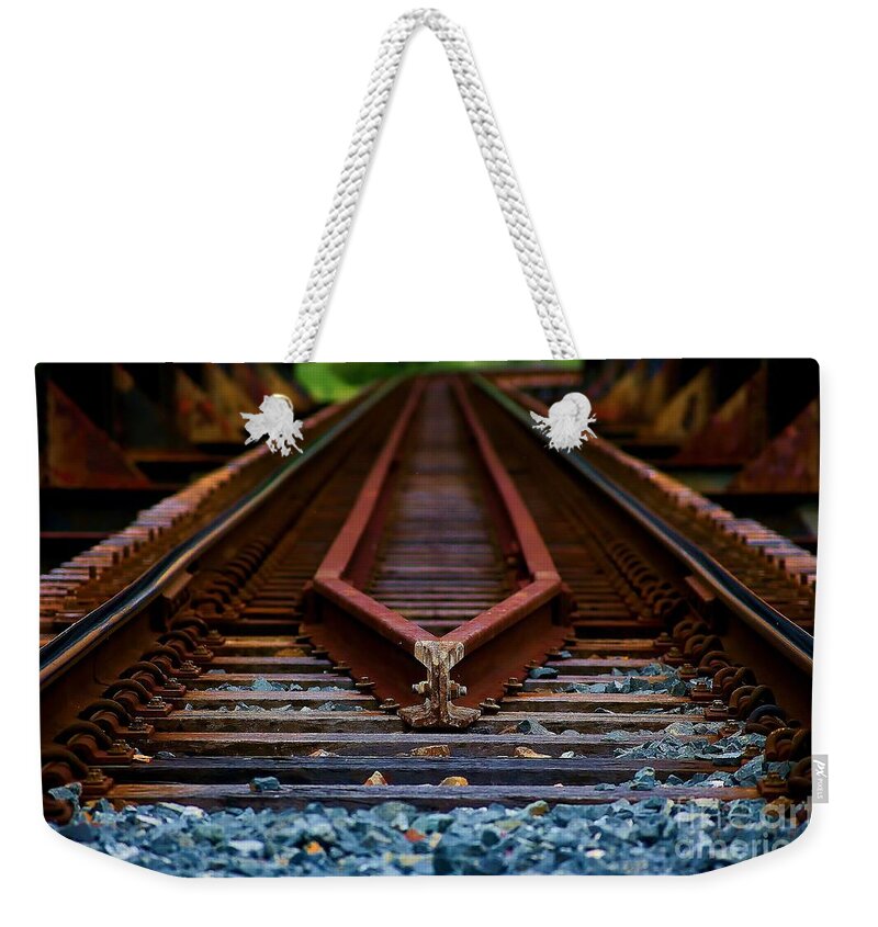 Railway Weekender Tote Bag featuring the pyrography Railway track leading to where by Blair Stuart