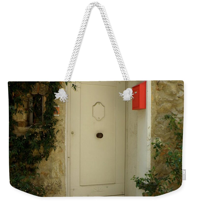 Door Weekender Tote Bag featuring the photograph Red Mailbox at White Door by Lainie Wrightson