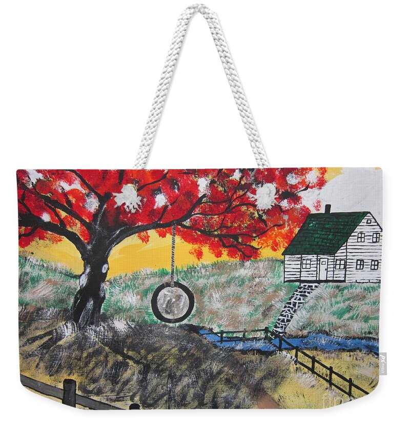 Landscape Weekender Tote Bag featuring the painting Red Maple Swing by Jeffrey Koss