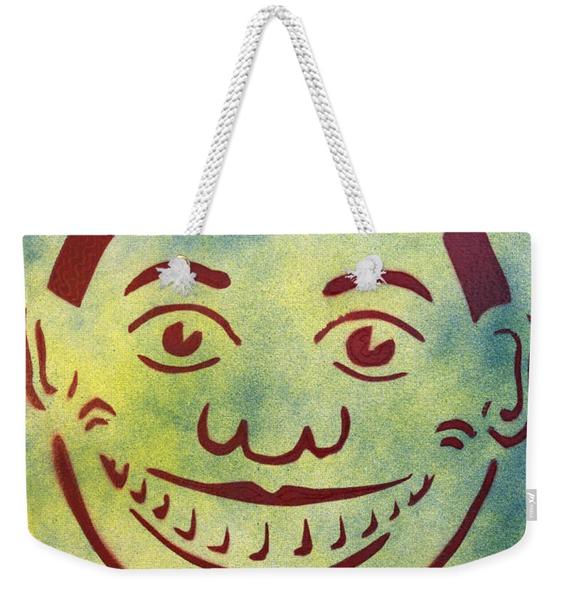 Tillie Of Asbury Park Weekender Tote Bag featuring the painting Red on yellow and blue Tillie by Patricia Arroyo