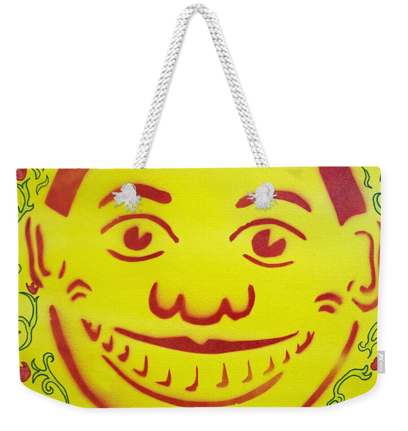 Tillie Of Asbury Park Weekender Tote Bag featuring the painting Red on yellow with decoration Tillie by Patricia Arroyo