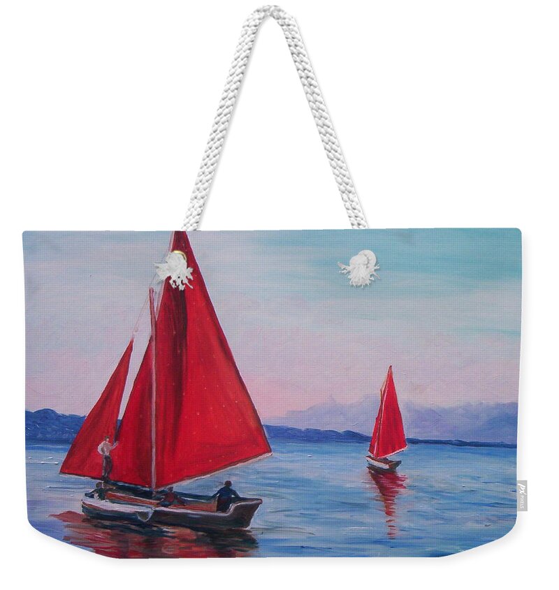 Irish Coast Weekender Tote Bag featuring the painting Red Sails on Irish Coast by Julie Brugh Riffey
