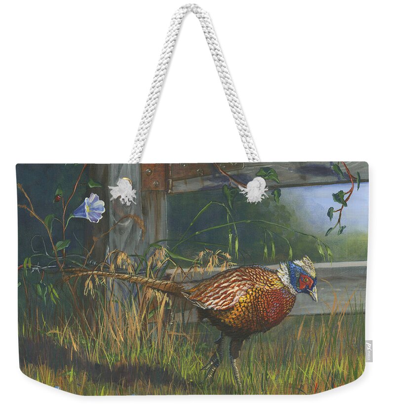Pheasant Weekender Tote Bag featuring the painting Ringneck Pheasant by Jeff Brimley