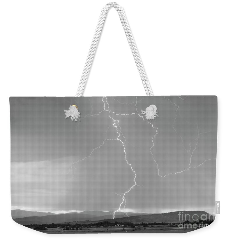 July Weekender Tote Bag featuring the photograph Rocky Mountain Front Range Foothills Lightning Strikes 1 BW by James BO Insogna