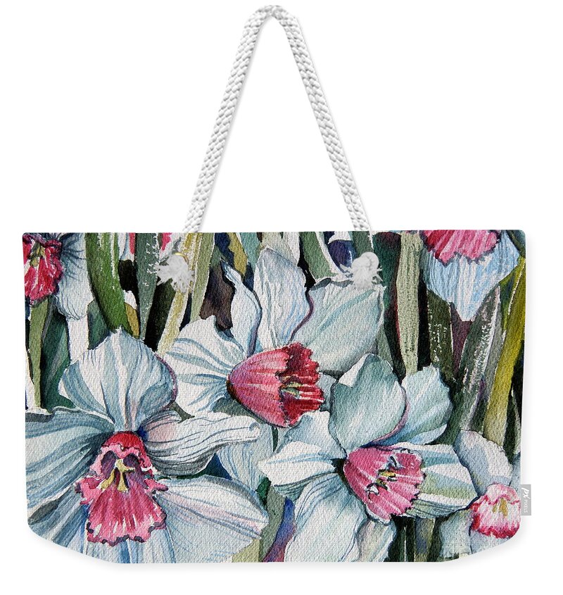 Daffodils Weekender Tote Bag featuring the painting Rose Cupped Daffodils by Mindy Newman