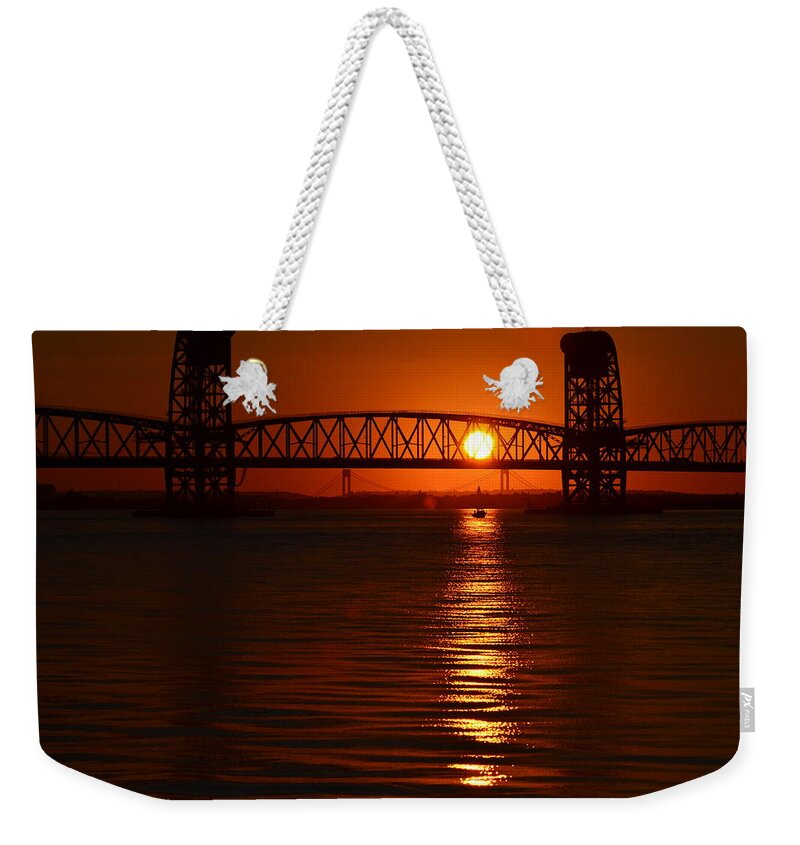 Sailboat Weekender Tote Bag featuring the photograph Sailboat Bridges Sunset by Maureen E Ritter