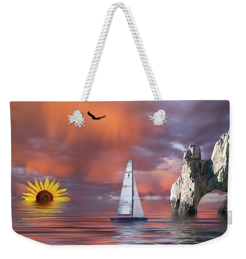 Boat Weekender Tote Bag featuring the mixed media Sailing at Sunset by Shane Bechler