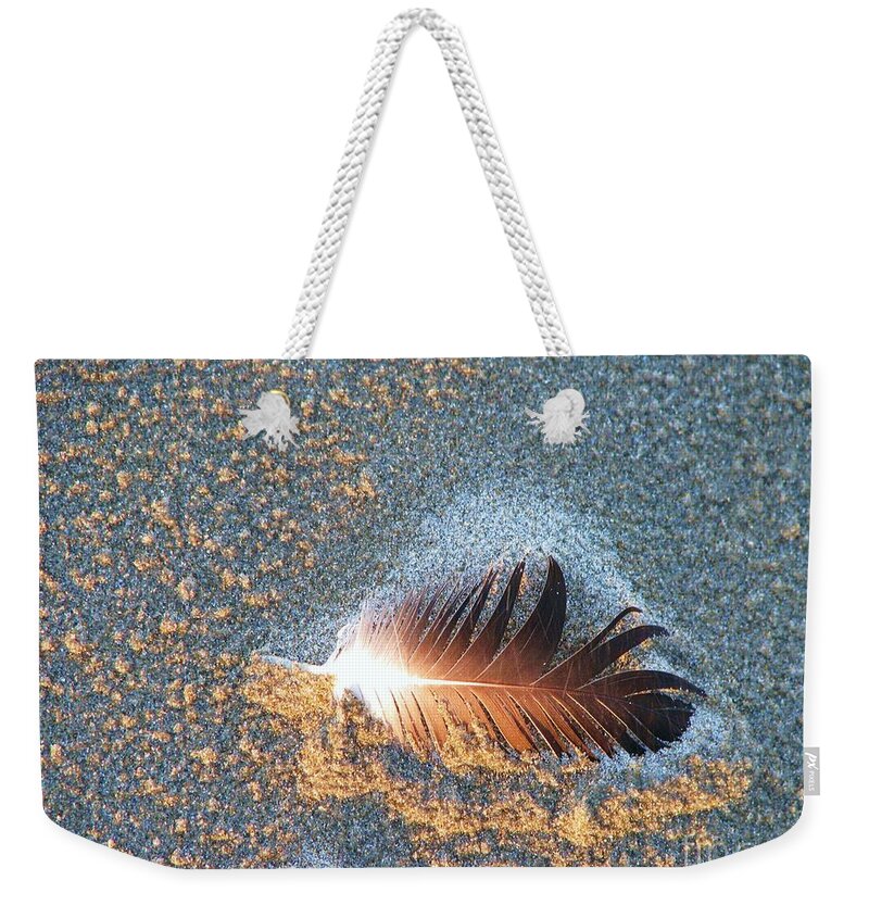 Beach Weekender Tote Bag featuring the photograph Sand sculptured Feather by Michele Penner