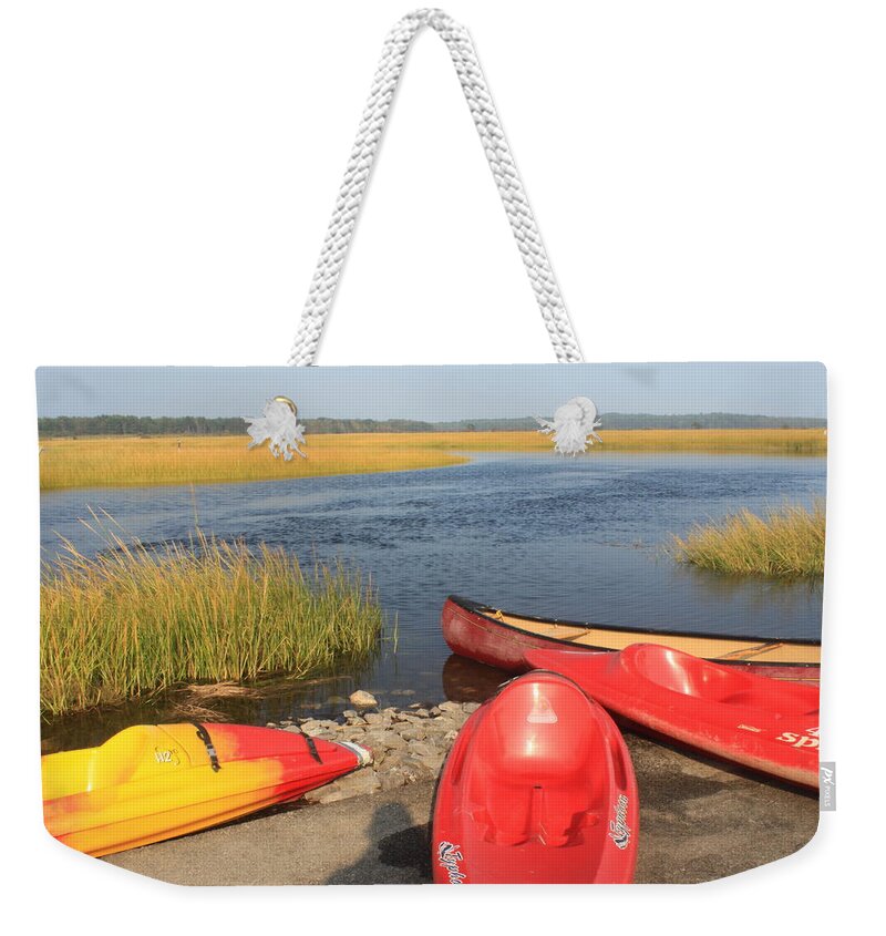 Maine Weekender Tote Bag featuring the photograph Scarborough Marsh Kayaks Maine by John Burk