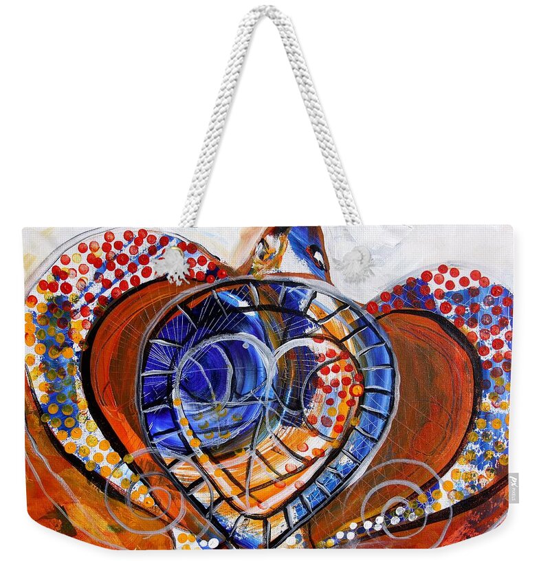 Sea Turtle Weekender Tote Bag featuring the painting Sea Turtle Love - Orange and White by J Vincent Scarpace