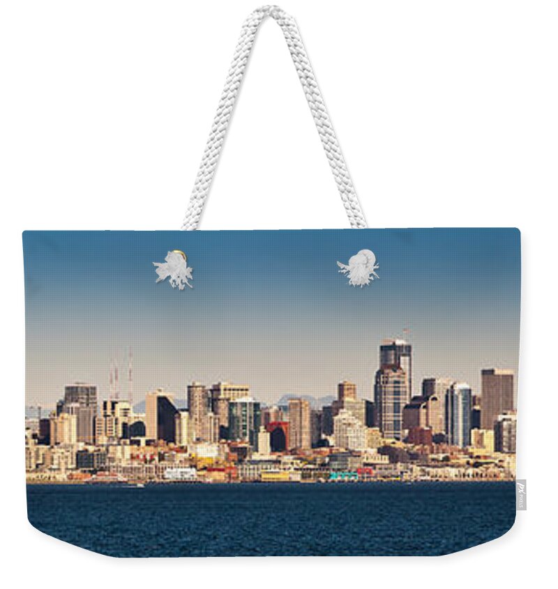 Seattle Weekender Tote Bag featuring the photograph Seattle Cityscape Panorama by Niels Nielsen