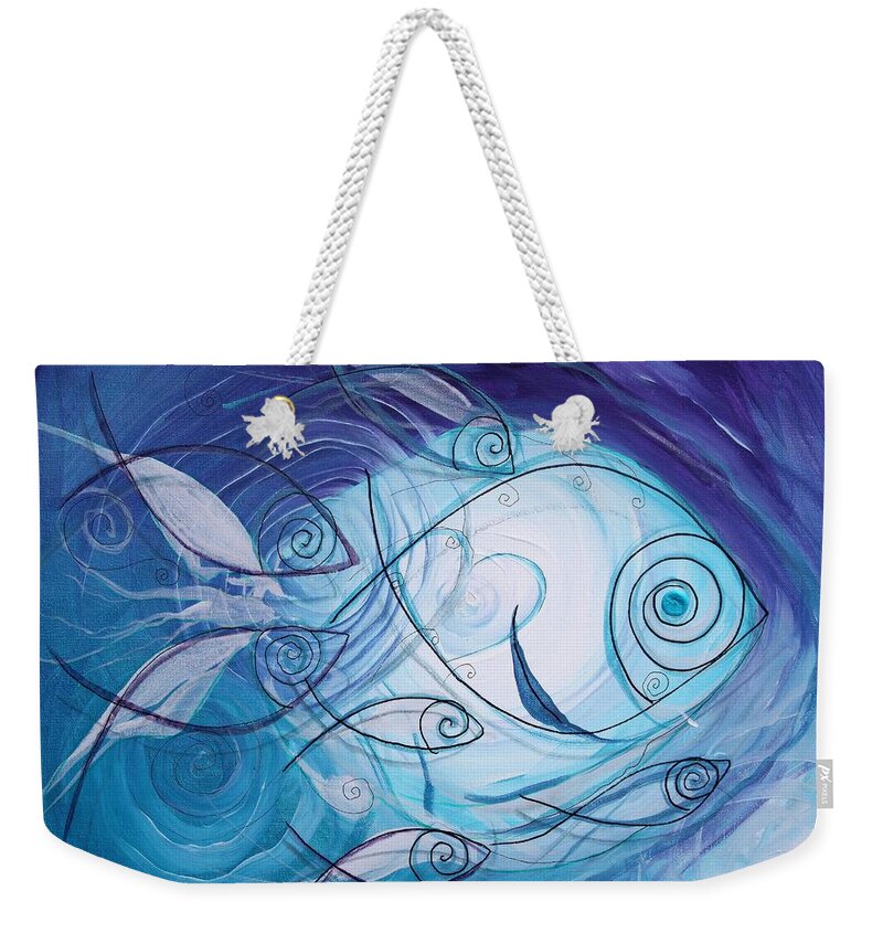 Fish Weekender Tote Bag featuring the painting Seven Ichthus and a Heart by J Vincent Scarpace
