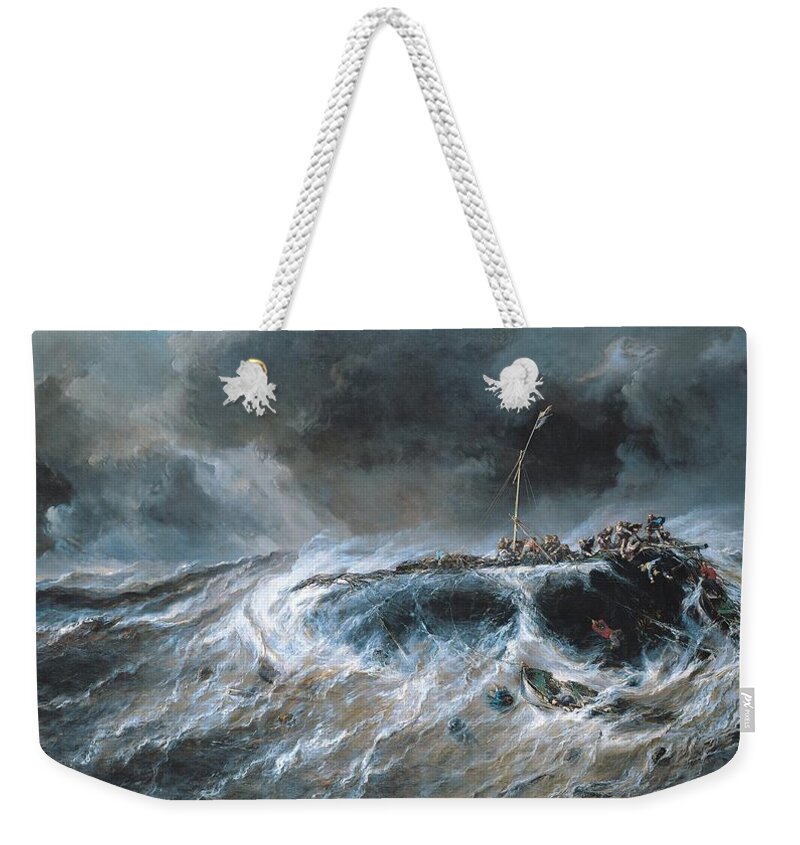 Boat Weekender Tote Bag featuring the painting Shipwreck by Louis Isabey